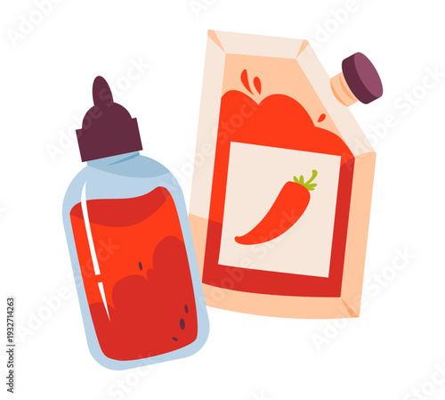 Tomato and Chili Sauce Packaging. Spicy tomato condiment packaging concept isolated for food branding and retail design. Flat vector illustration.