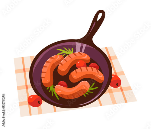 Grilled Sausages in Frying Pan. Rustic homemade comfort food concept for dinner and lunch menu designs. Flat vector illustration.