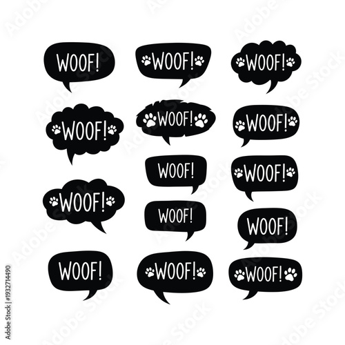 Speech bubbles with woof text and dog paw prints for pet lovers