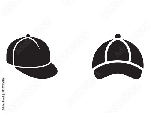 Black baseball caps with white outlines isolated on white background  two black caps with white lines  baseball cap and baseball hat