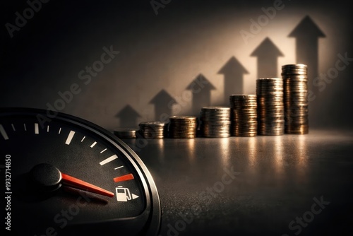 Fuel Gauge Empty with Coins and Arrow Graph: Economic Struggle and Cost Increase