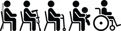 Diverse group of people sitting and using various mobility aids