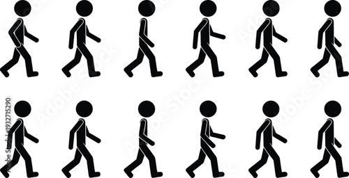A sequence of stick figure illustrations demonstrating the walking motion of a person.