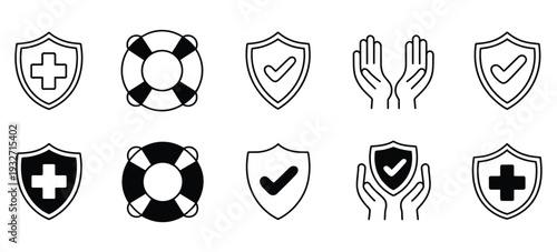 Safety, insurance icons set in line and flat style, featuring health protection, tire floating, hand holding shield with check mark or tick symbol, modern vector illustration collection for digital an