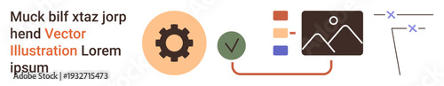 Workflow automation, user interface design, content creation, graphic management, digital organization, task optimization. Gear icon, checkbox tick and image illustration elements. Workflow