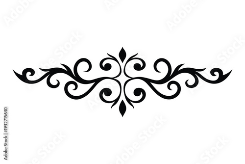 Ornate black decorative flourish with symmetrical scrollwork and teardrop accents