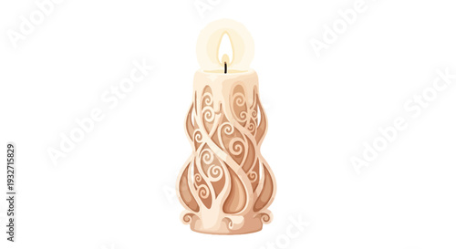 A lit decorative candle holder with an intricate floral design on a white background.