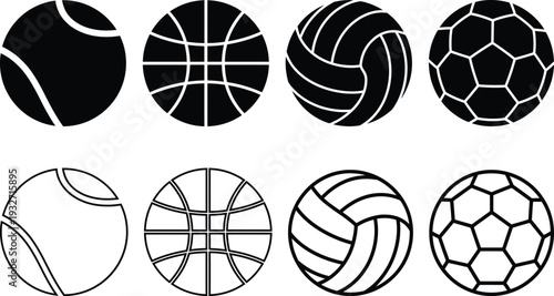 Illustrations of various sports balls in black and white