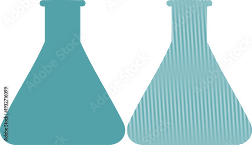 Two teal laboratory flasks one solid one striped science