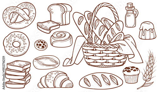 Bread in a basket, baguettes, donuts