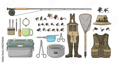 Fly fishing gear set illustration, equipment for angling, outdoor activity.