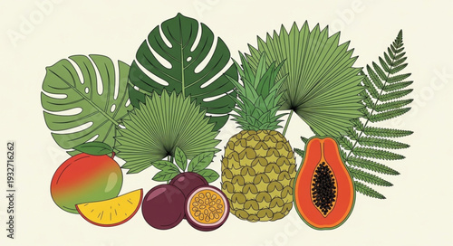 Vibrant tropical fruits and lush green foliage create a colorful still life composition.