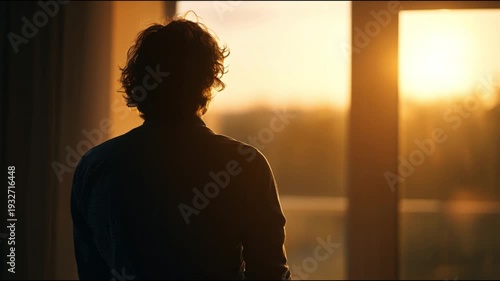 Person looking out the window at sunrise with hope and new beginnings