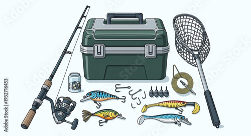 Complete fishing gear set with tackle box, rod, reel, and lures ready for angling adventures.