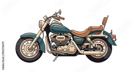 Retro Cruiser Motorcycle, Teal and Brown, Isolated