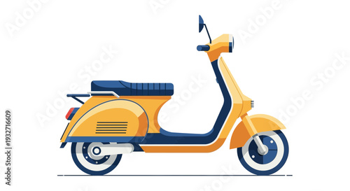 Retro scooter illustration, yellow and blue vintage moped on white background