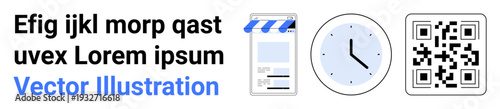 Digital tools, productivity, time management, online access, scanning codes, app interfaces. QR code, clock mobile app screen and film board graphic. Digital tools and productivity concept