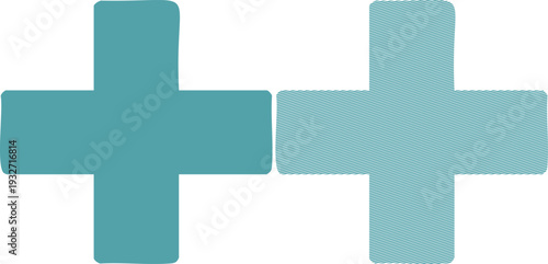 Two teal plus signs one solid one striped symbol