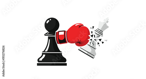 Black chess pawn punching and shattering a white chess king
