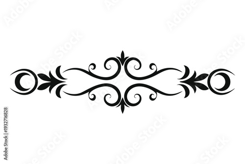 Ornate black decorative flourish with symmetrical swirls and circular accents