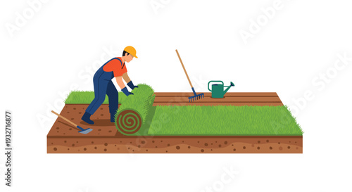 Worker unrolling green sod on a brown soil bed with tools