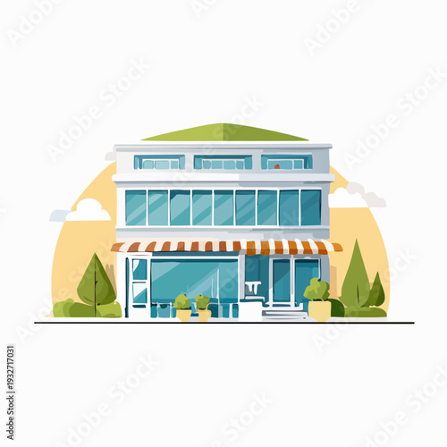 Modern three-story building with glass facade and striped awning.