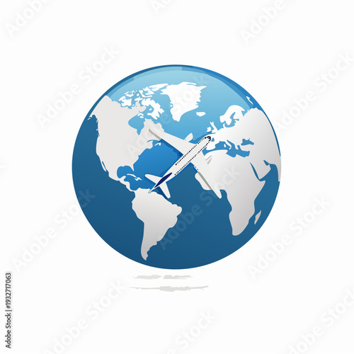 Globe with Airplane Flying Around the World Map.