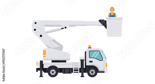 White utility truck with an extended boom lift and worker
