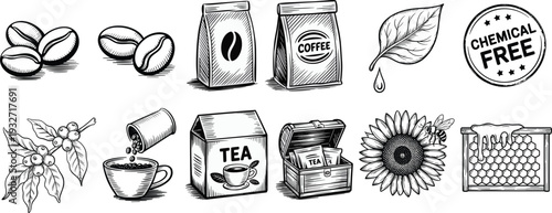 Hand drawn organic coffee and tea vector collection with honey sunflower beans and chemical free badge