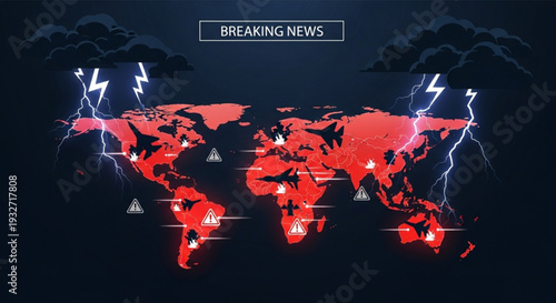 Breaking news global crisis map with lightning storms and warning symbols worldwide