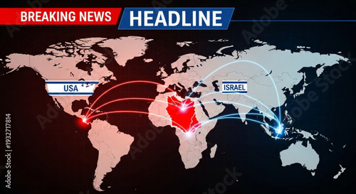 Breaking news headline world map with usa and israel connections
