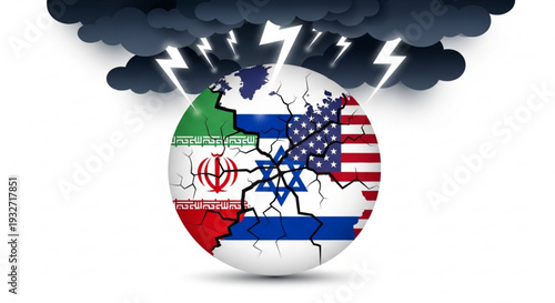 Cracked globe with iran israel and usa flags under stormy weather with lightning bolts symbolizing international conflict and tension