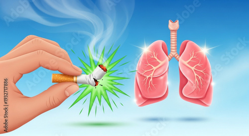 Hand holding cigarette with green smoke explosion near healthy pink lungs against blue background