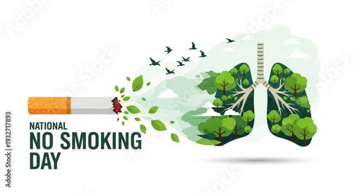 National no smoking day illustration with lungs and trees emerging from cigarette smoke on white background