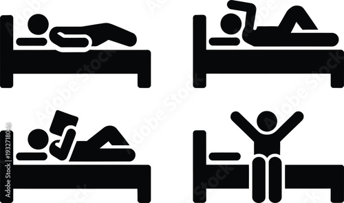 Four different people lying on beds in various positions and activities
