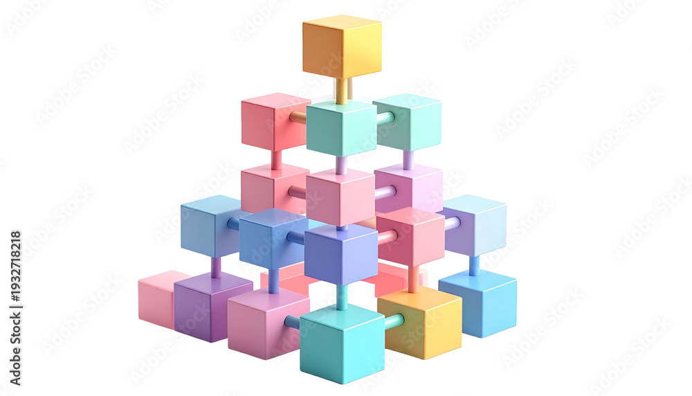 Obraz premium Pastel-colored cube structure, interconnected, arranged in a pyramid shape, floating against black