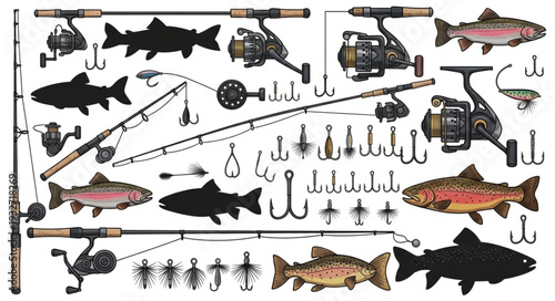 Fishing gear and fish silhouettes arranged on a white background, ready for angling.
