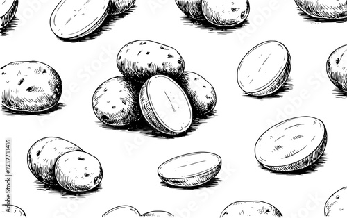 Hand Drawn Pattern of Whole and Halved Potatoes White Background food vegetable