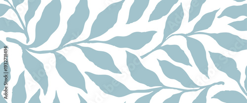 Abstract blue leaf seamless pattern on light background. Minimal botanical foliage repeat in soft pastel tones. Modern organic texture for fabric, wallpaper and surface design.