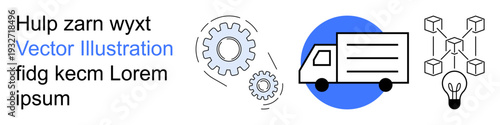 Logistics, supply chain, technology integration, digital transformation, blockchain, automation. Delivery truck, gears blockchain network light bulb. Logistics and supply chain visualization