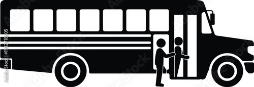 A black and white illustration of a school bus with two children standing nearby.