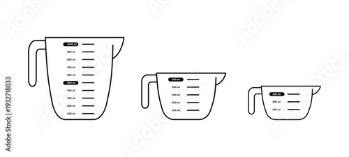 Set of measuring cups with 1 liter, 500 and 300 ml volume. Liquid containers for cooking with fluid capacity scale. Vector graphic illustration