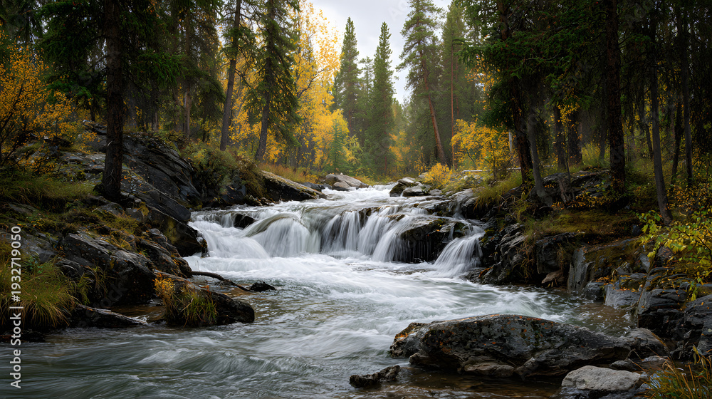 Fototapeta premium Forest stream with small waterfall