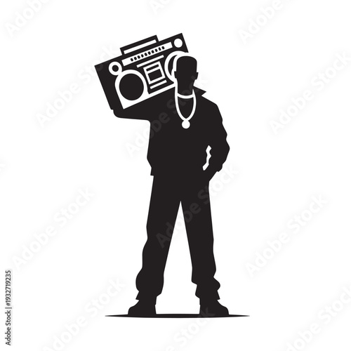 Retro Boombox Silhouette Icon: 80s Style Man Carrying a Vintage Radio for Music and Nostalgia Themes