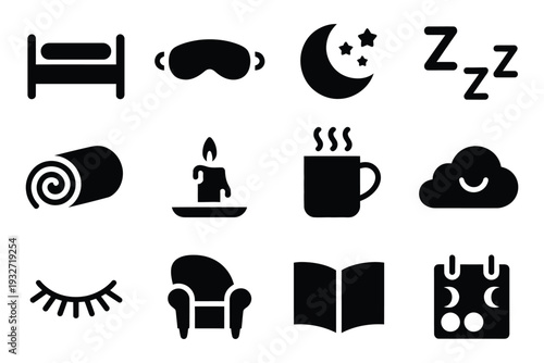 Black Icons on White Background for Relaxation, Editable Vector Graphics of Sleep and Relaxation Symbols