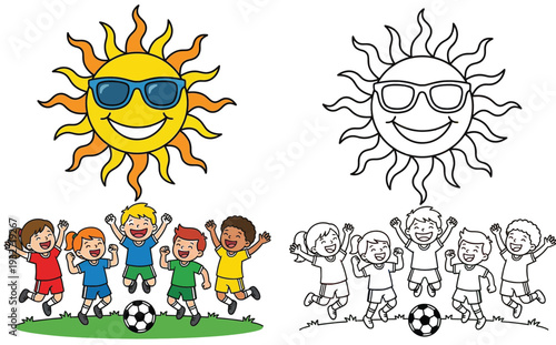 Vector image of a happy diversified group of kids bouncing with a soccer ball in the sun