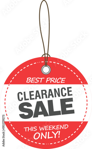A red and white clearance sale tag on a string