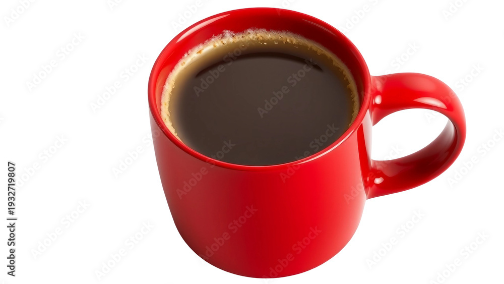 Obraz premium Realistic red coffee mug filled with black coffee, isolated on transparent background. Glossy ceramic cup mockup for branding.