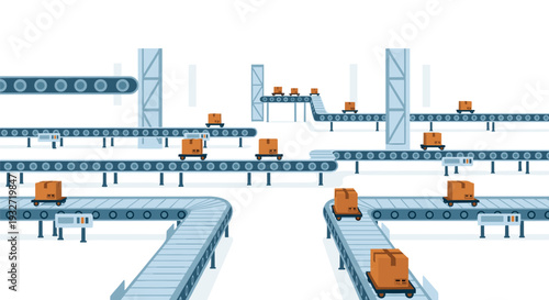 Automated conveyor belt system moving packages in a large industrial space.