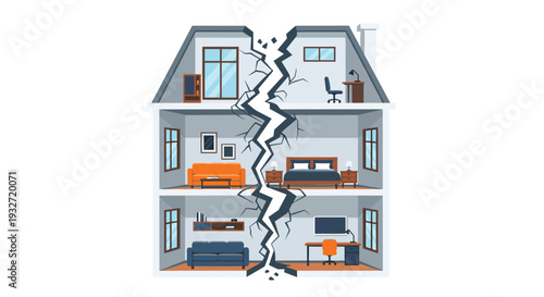 Two-story house split by a severe vertical crack, revealing furnished rooms.